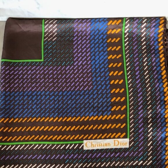 CHRISTIAN DIOR Silk Geometric Large Square Scarf Earth Tones Vintage - Picture 13 of 16
